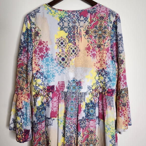 Reba Vintage Boho Patchwork Multi Print Bell Sleeve Midi Dress Med Garden Girl - Picture 8 of 13